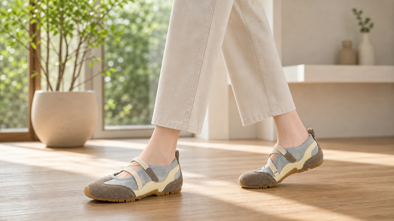 Mary Jane-schoenen met gekruiste bandjes, gedragen in een lifestyle-scene
