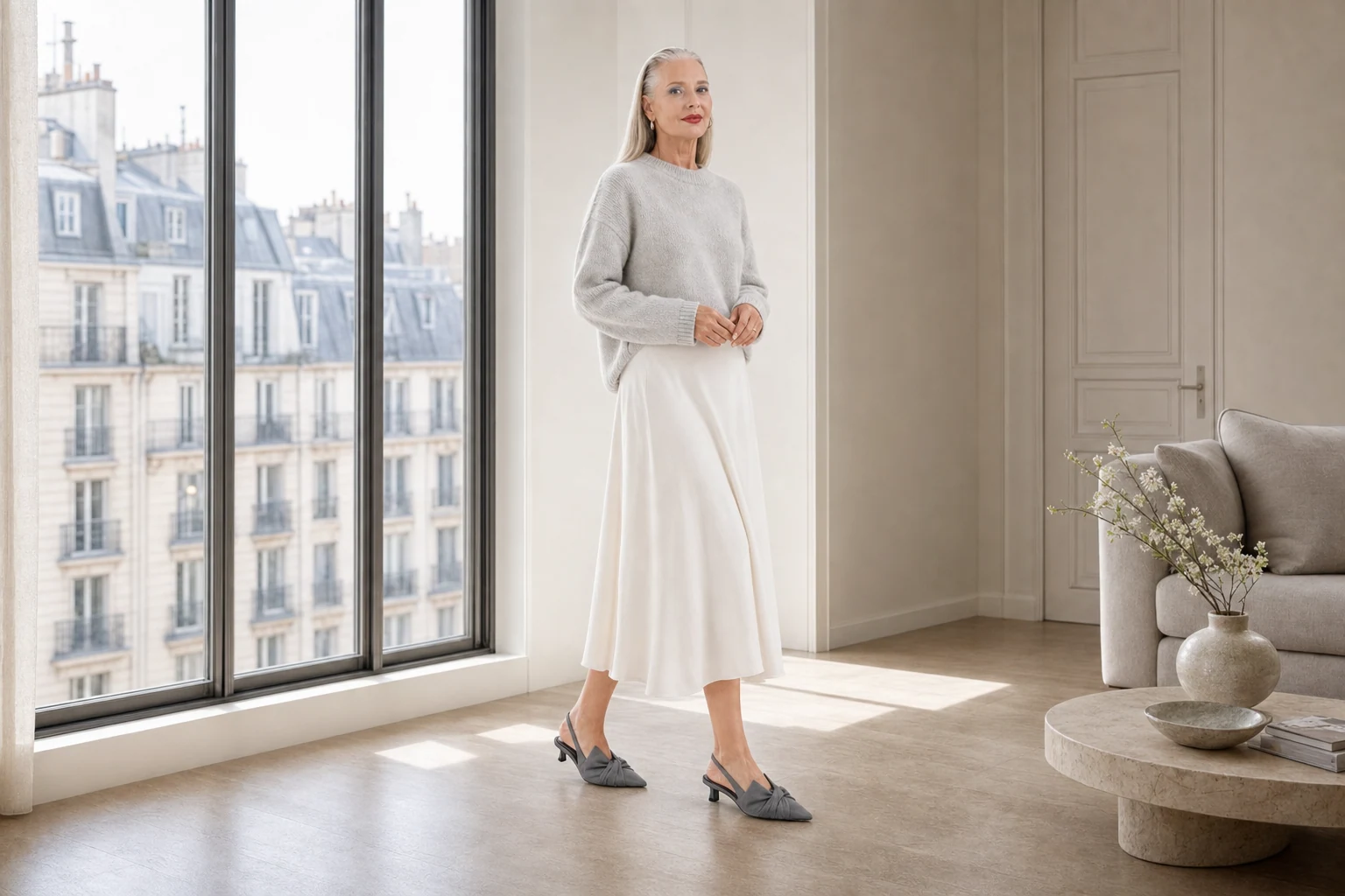 Scena di un prodotto lifestyle che mostra le décolleté slingback grigie con tacco a forma di gattino