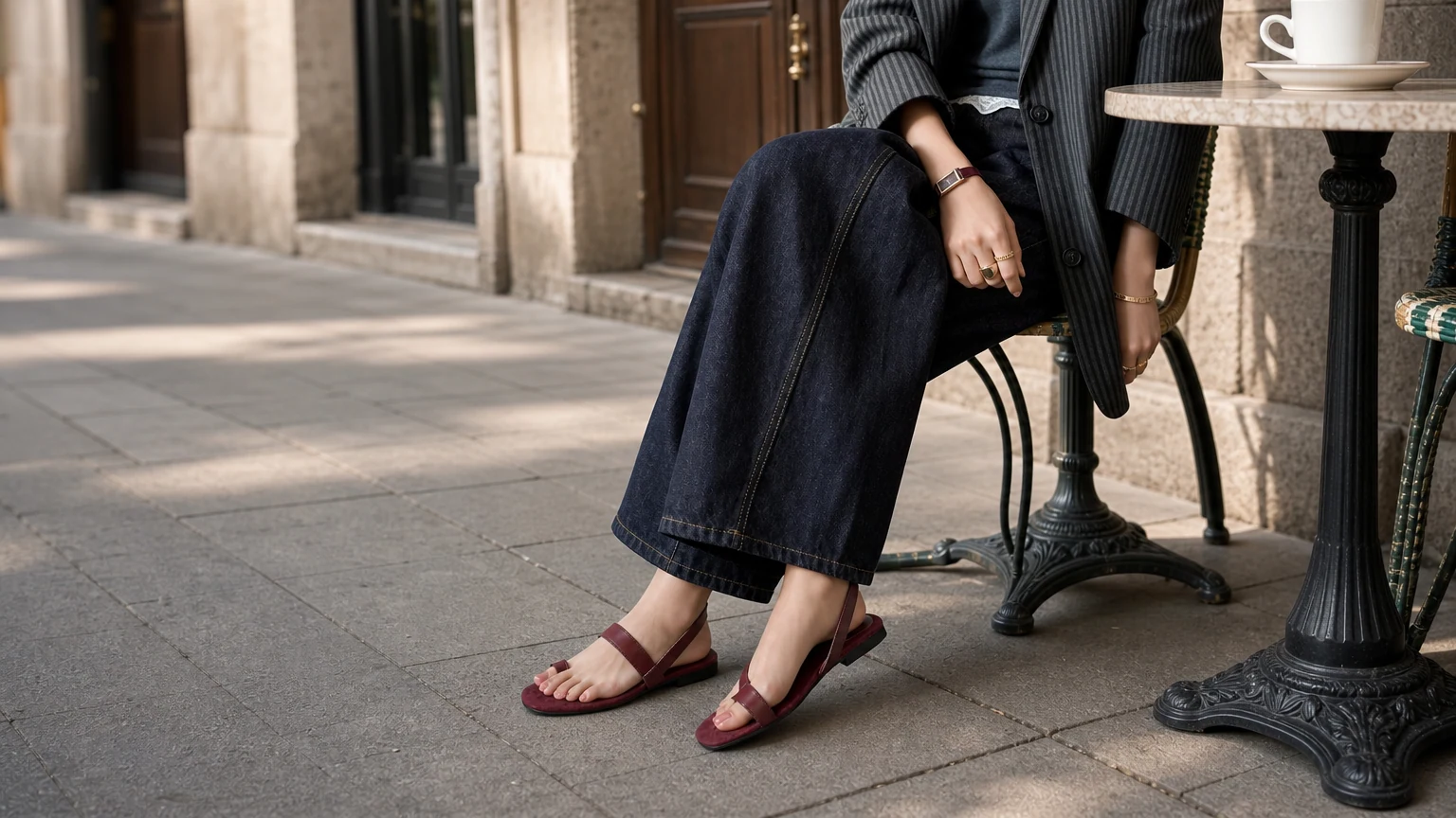 Donne che indossano sandali piatti minimali in una scena calda e casual all'aperto