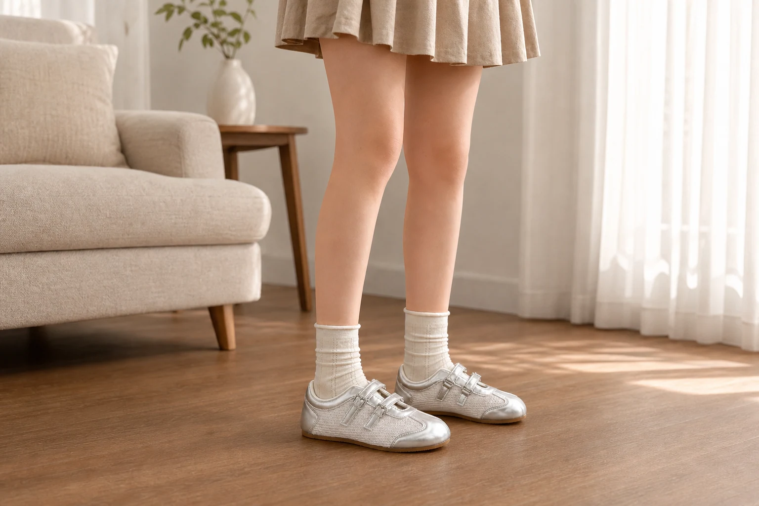 Flats mit doppeltem Riemen in einer Lifestyle-Szene, wobei das gesamte Produkt sichtbar ist