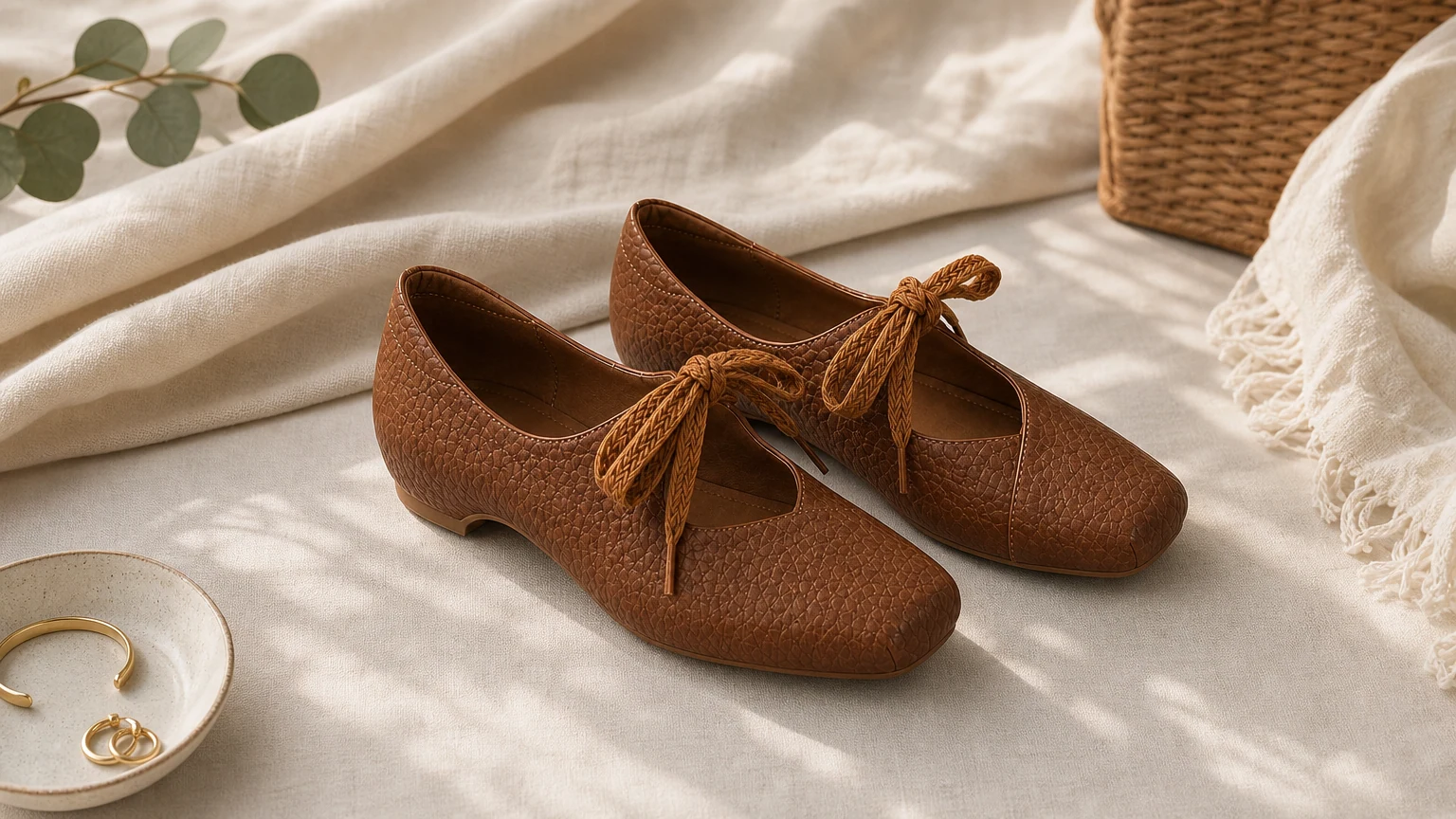 Ballet Mary Jane low heels styled in a horizontal lifestyle scene