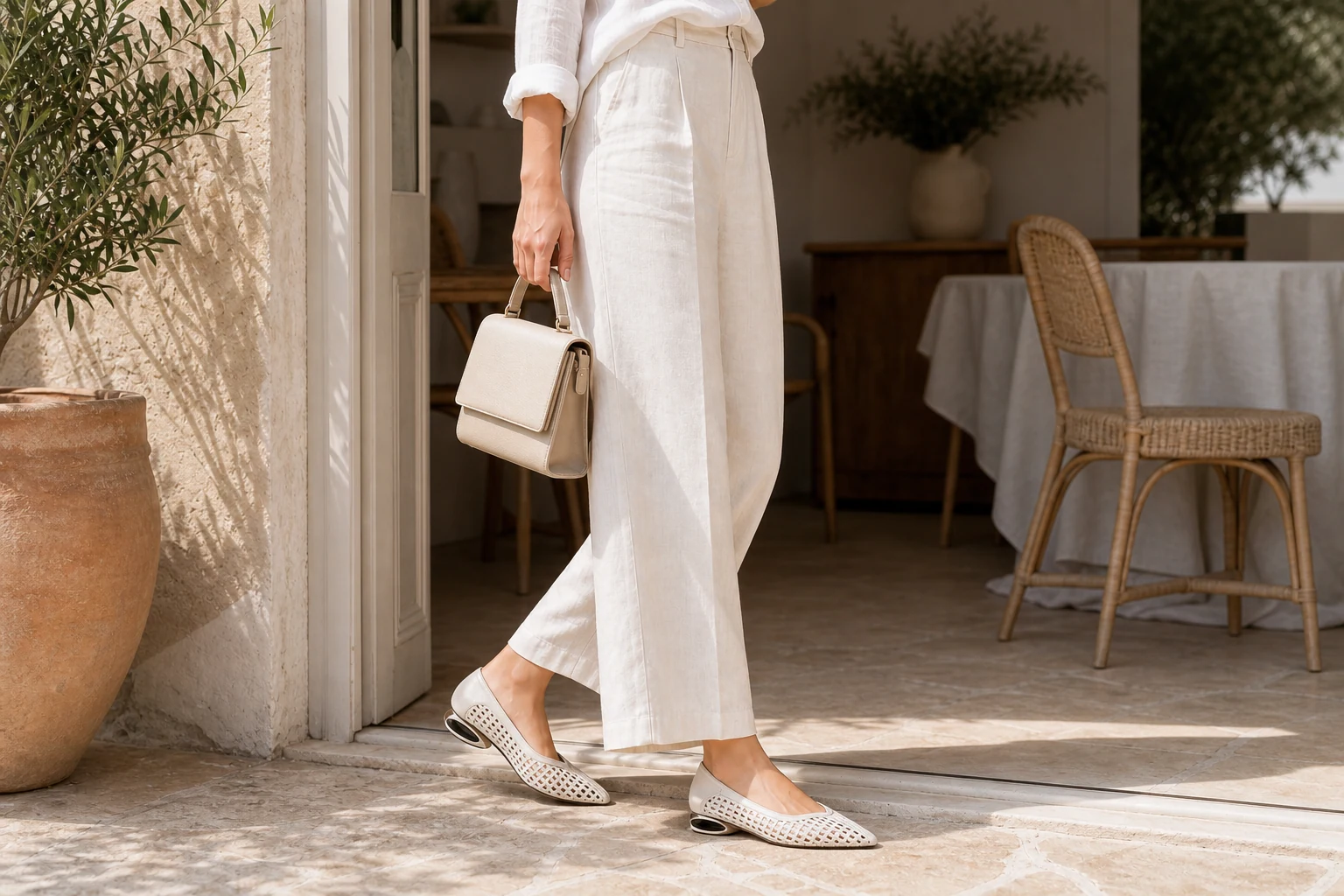 Platte schoenen met getextureerde puntige neus in een lifestyle-scene