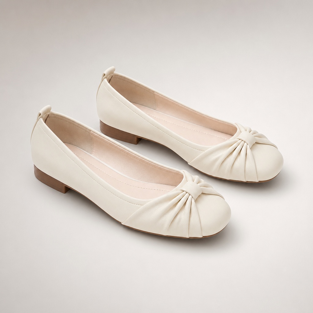 Ein Paar beige, leichte Ballerinas auf einem sauberen Hintergrund