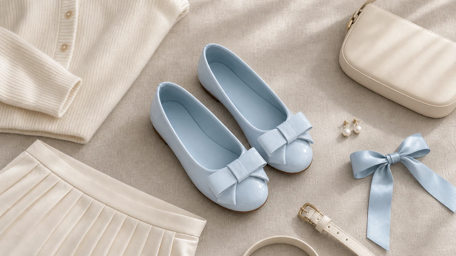 Glänzende flache Ballerinas mit Schleife im horizontalen Stil