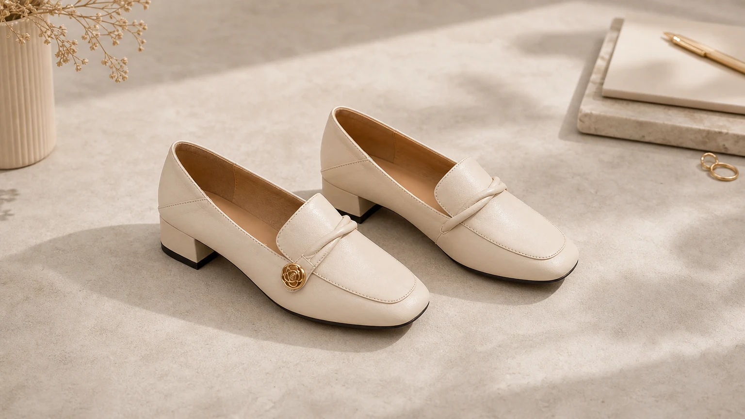 Mocasines de mujer con apariencia de cuero pulido diseñados en una escena horizontal