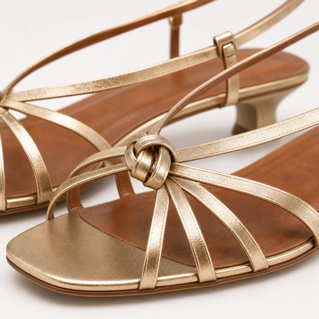 Dettaglio ravvicinato del materiale del sandalo open toe color oro e della struttura del cinturino
