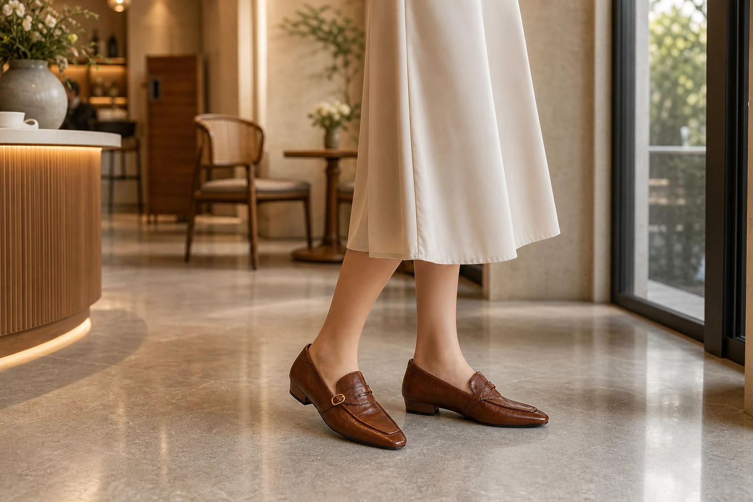 Zapatos cómodos sin cordones diseñados en una escena de estilo de vida cotidiano.