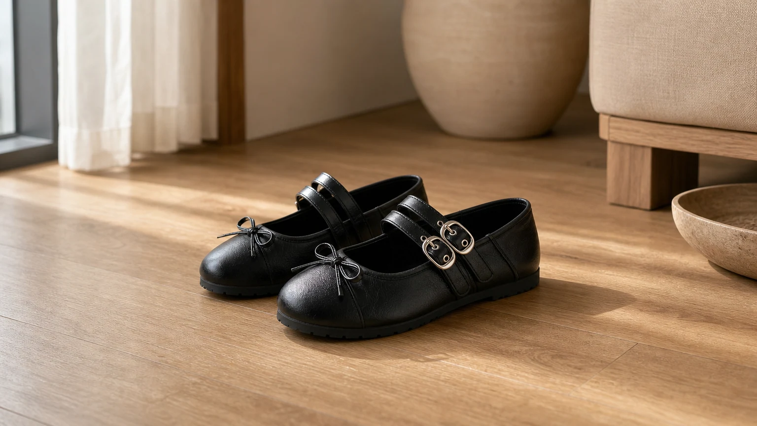 Chaussures plates Mary Jane à double boucle conçues dans une scène de style de vie douce
