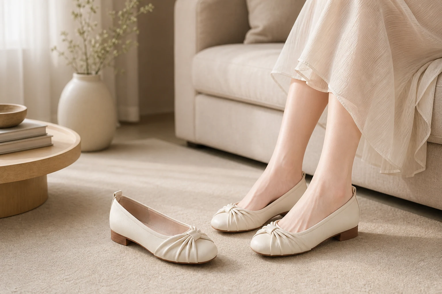 Beigefarbene, weiche Ballerinas mit quadratischer Zehenpartie in einer Lifestyle-Szene