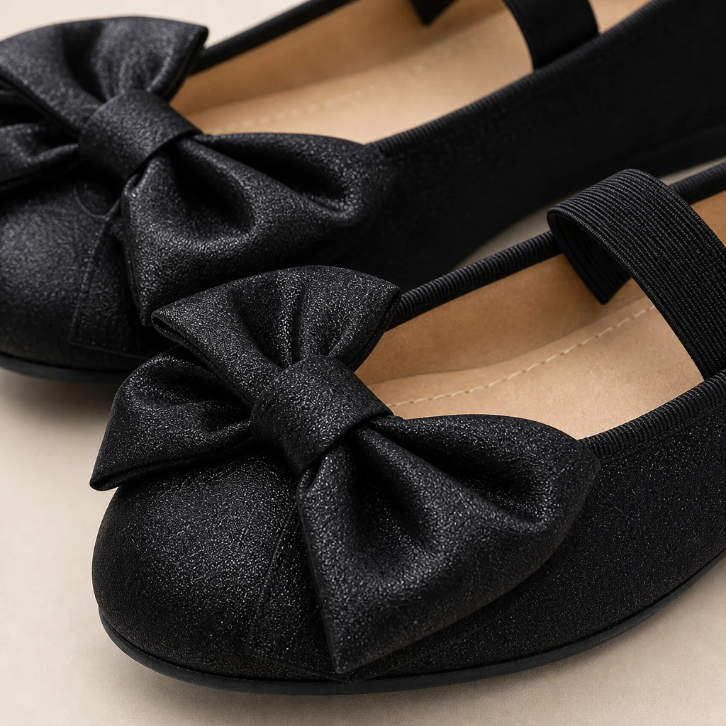Nahaufnahme des Schleifenriemens und der Satinstruktur auf Mary-Jane-Schuhen