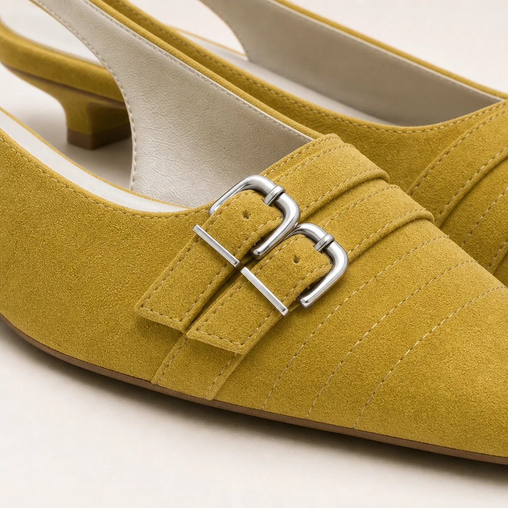 Close-up van het getextureerde bovenwerk en gespdetail op de slingback-flats
