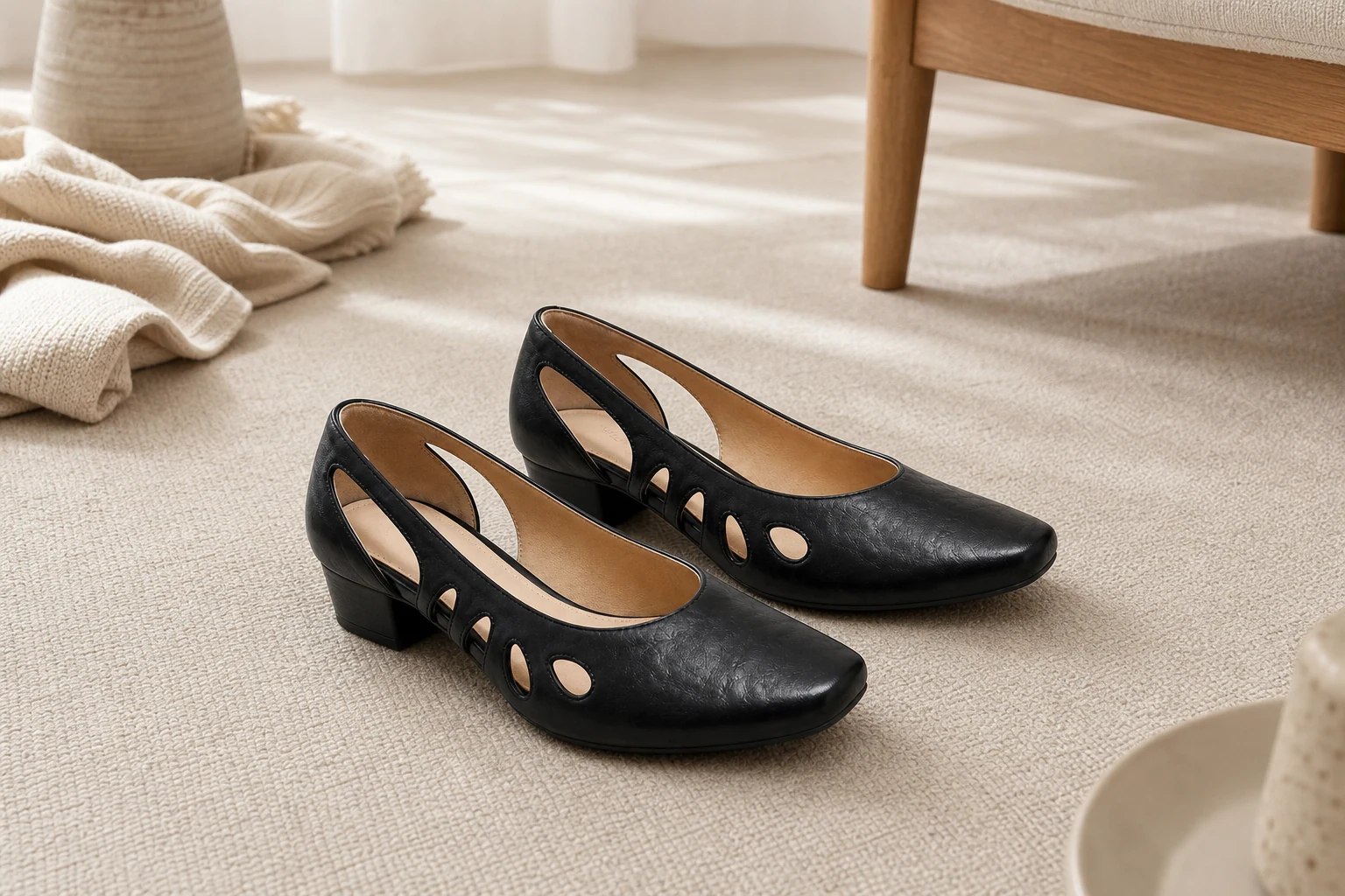 Mocasines negros con tiras recortadas diseñados en un ambiente de estilo de vida interior