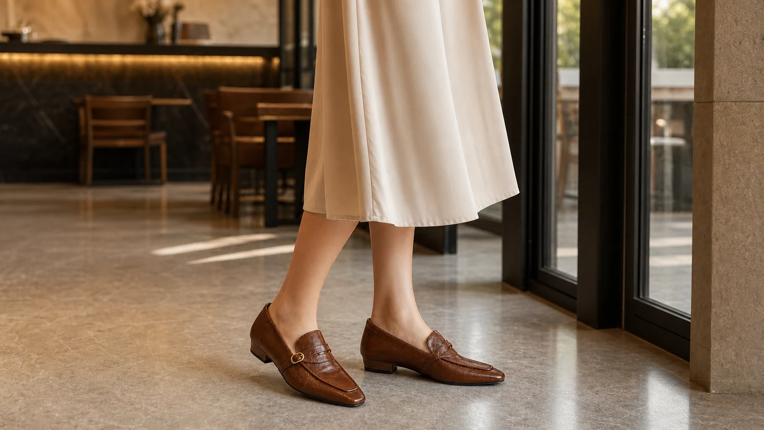 Zapatos cómodos sin cordones, minimalistas y elegantes, diseñados en una escena cotidiana refinada.