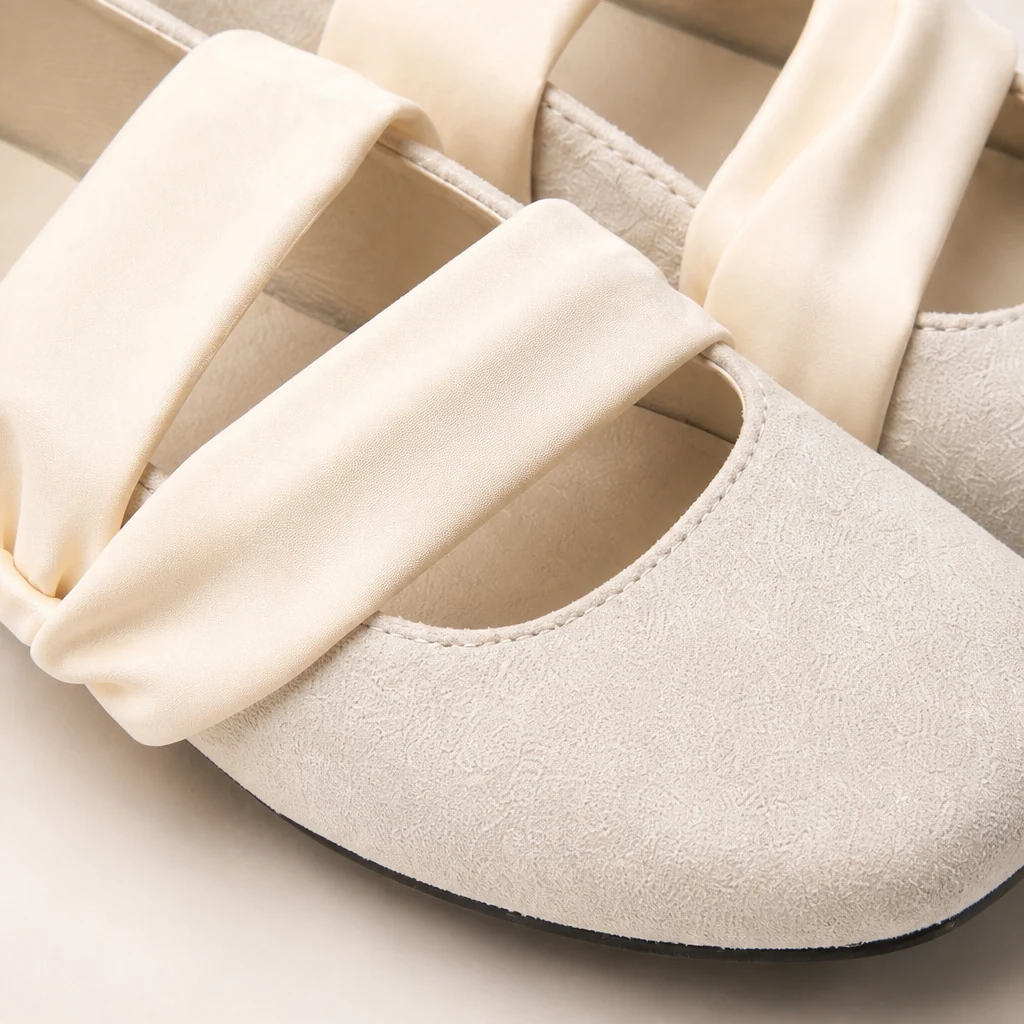 Détail en gros plan de la tige, de la sangle et de la finition de la chaussure Mary Jane