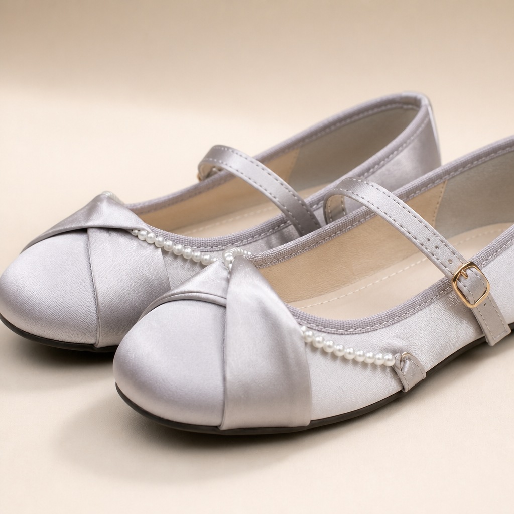 Gros plan sur la boucle de la sangle, l'empiècement plissé au niveau des orteils et la bordure en perles sur les chaussures plates Mary Jane argentées