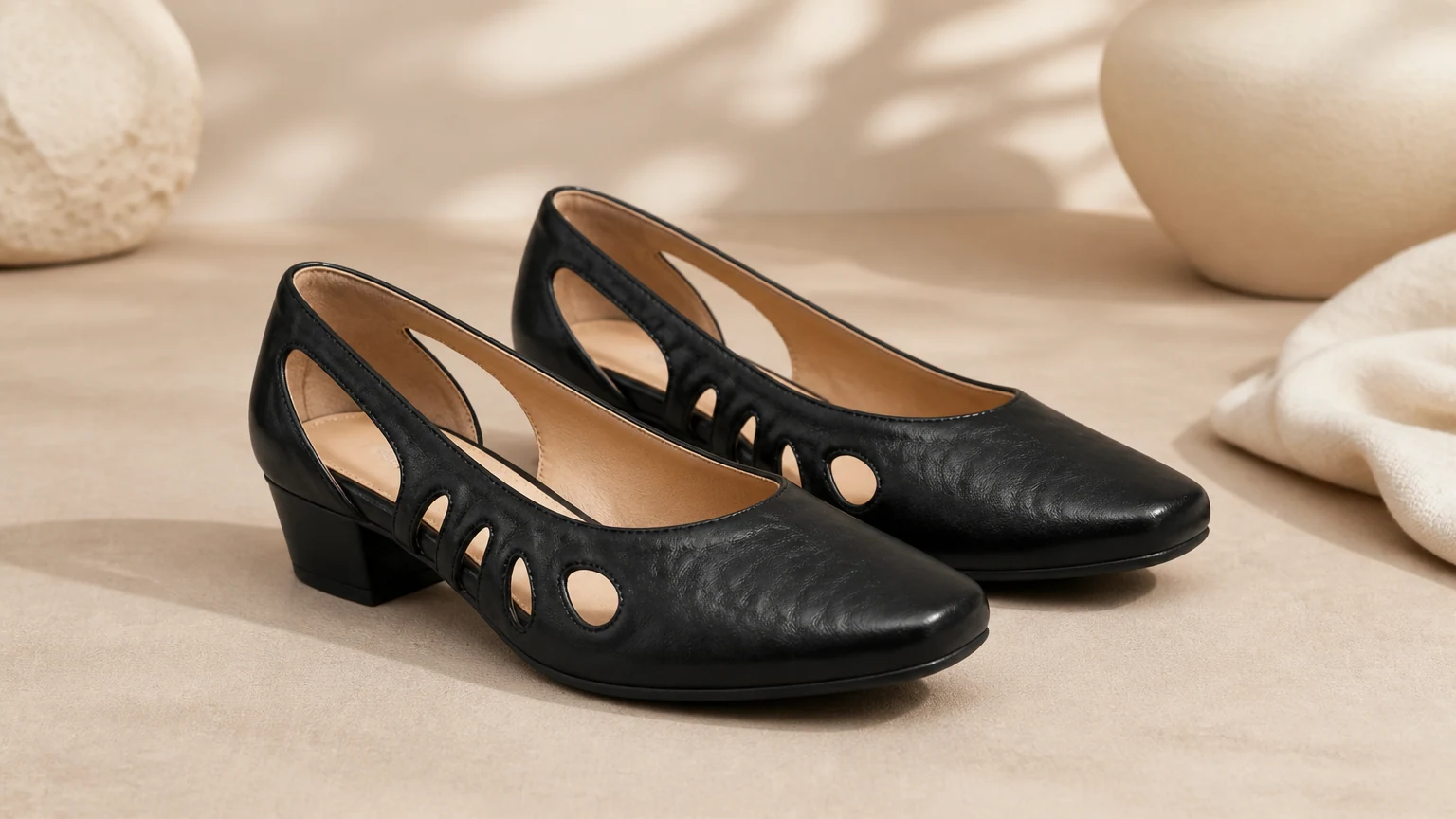 Mocasines negros con tiras recortadas colocados sobre tela suave