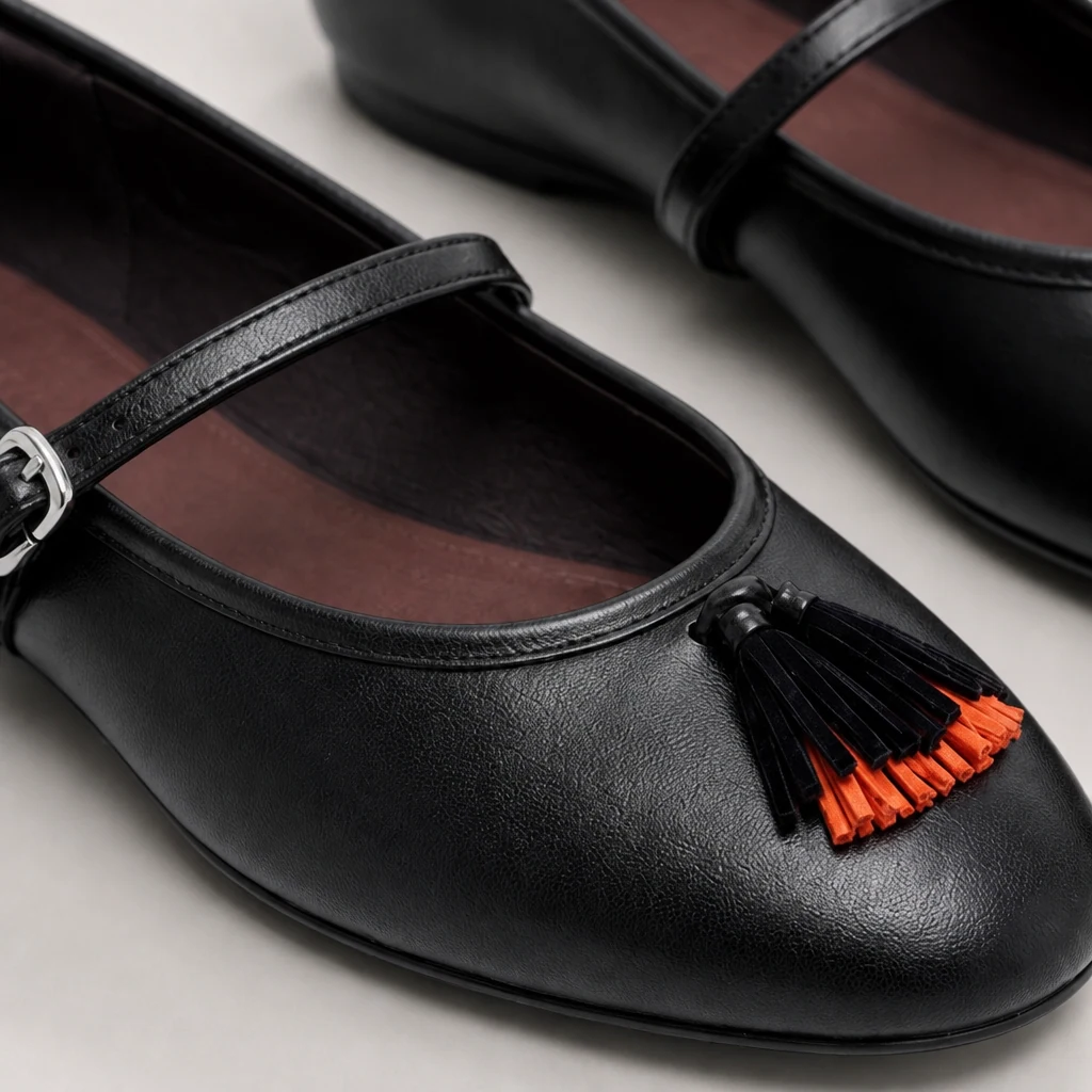 Nahaufnahme des weich strukturierten Mary Jane-Flachschuhdetails