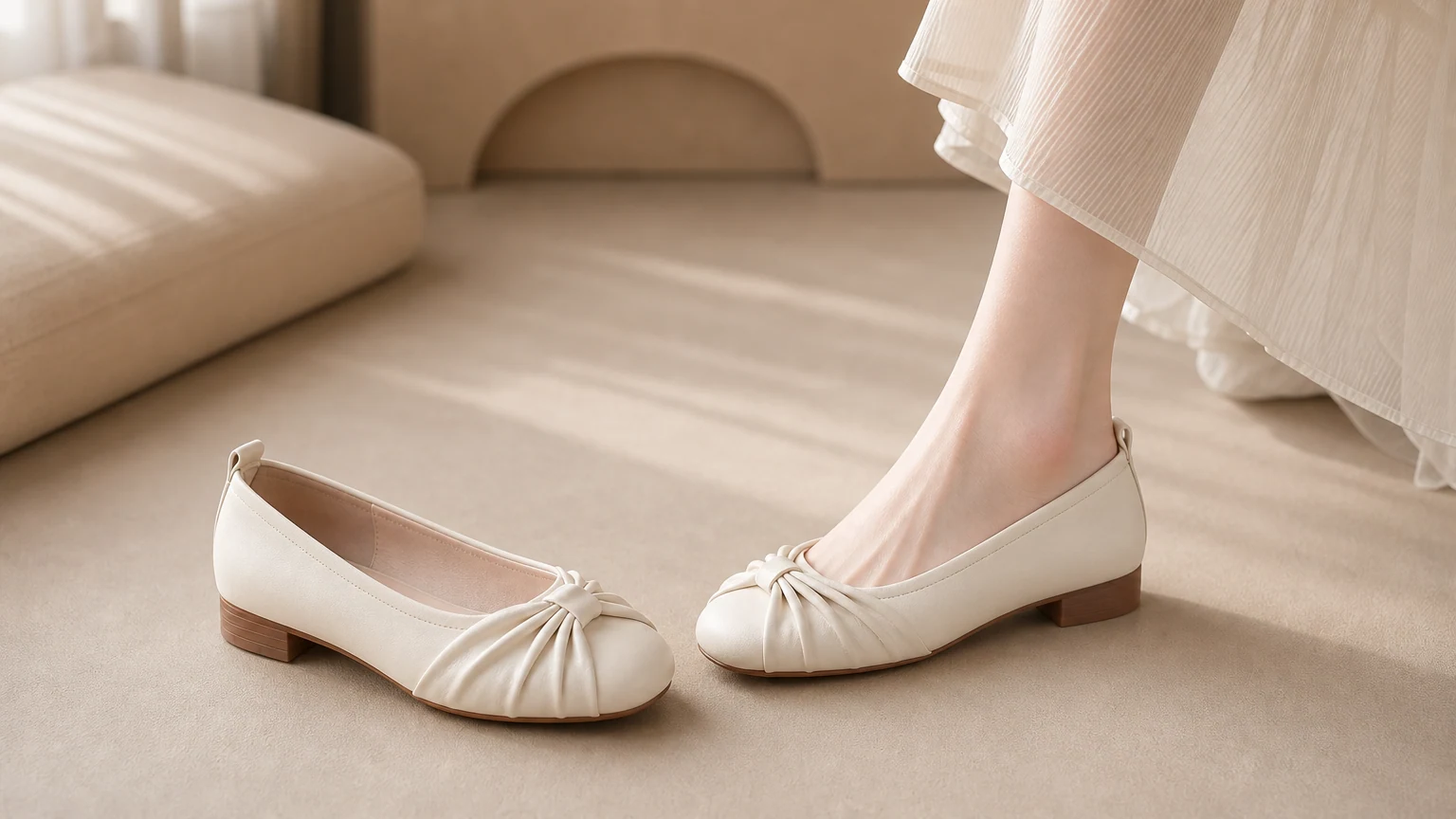 Beigefarbene, weiche Ballerinas mit quadratischer Zehenpartie im horizontalen Lifestyle-Stil