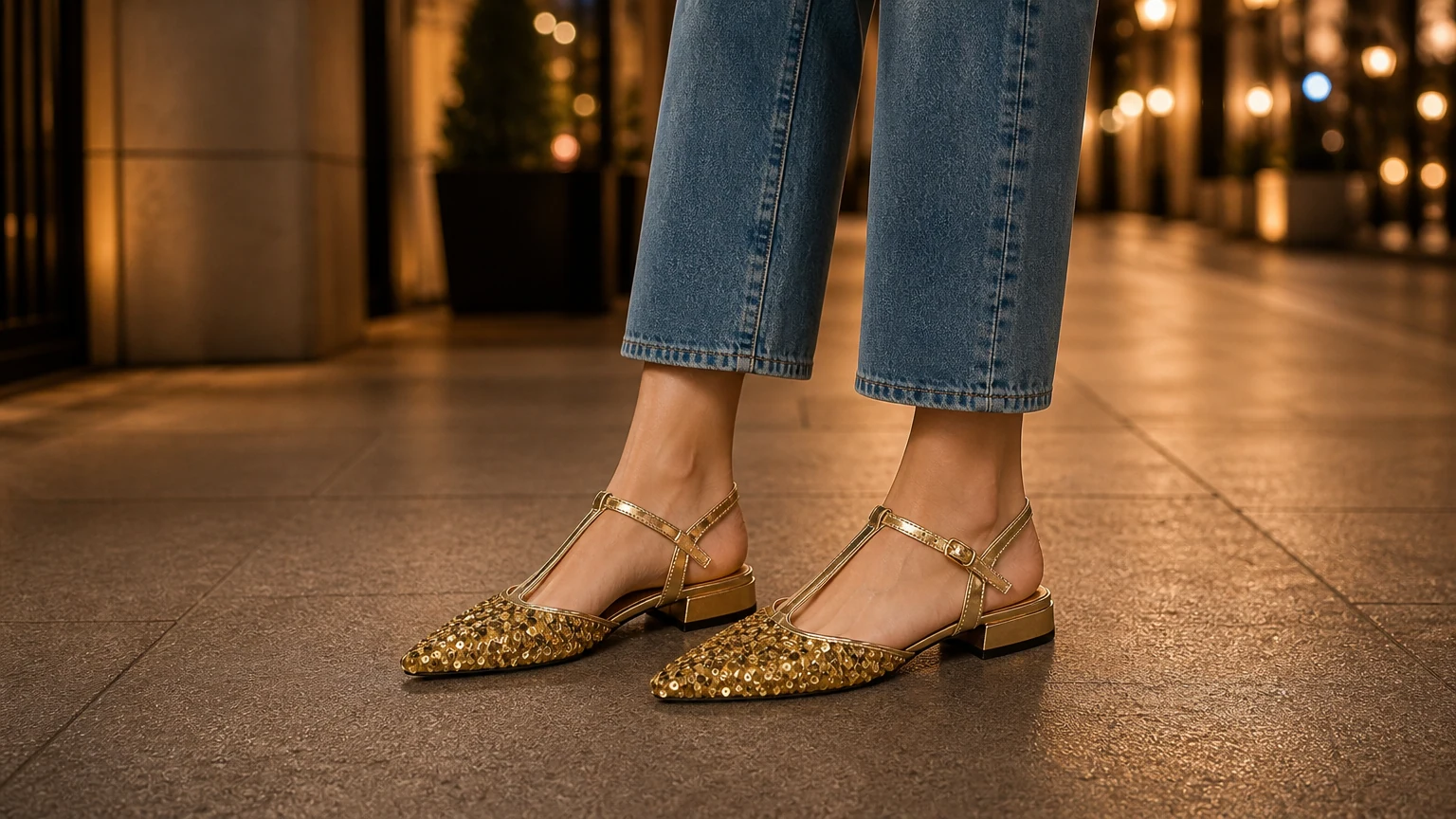 Sandali piatti casual con punta chiusa in una scena di stile di vita