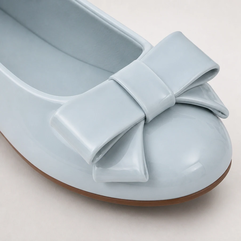 Nahaufnahme der glänzenden Schleife und des oberen Details auf den Ballerinas