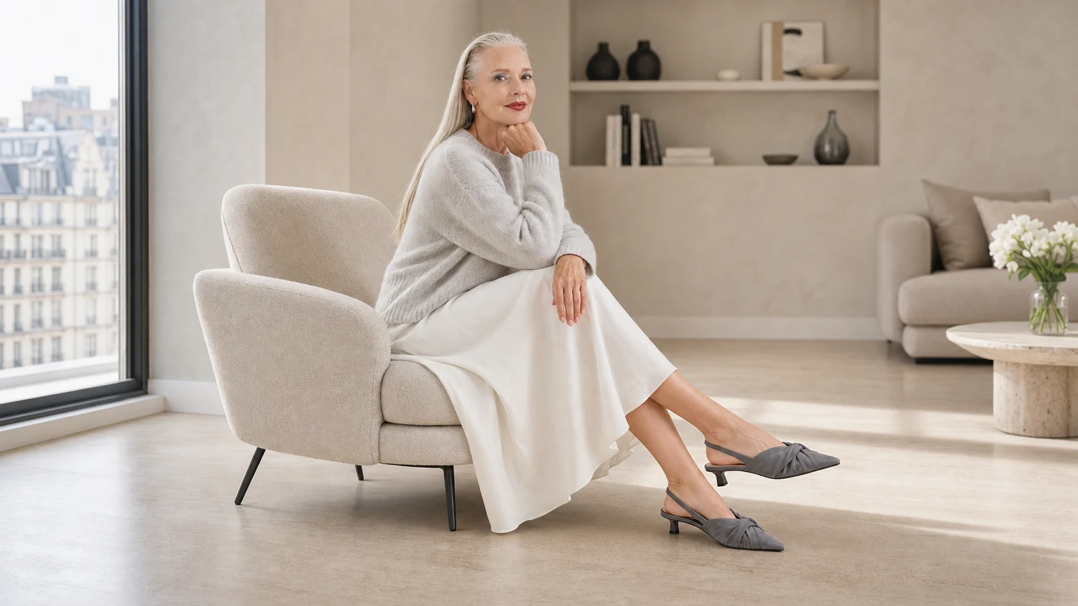 Eleganti décolleté slingback grigie con tacco basso a forma di gattino disegnate in una scena orizzontale