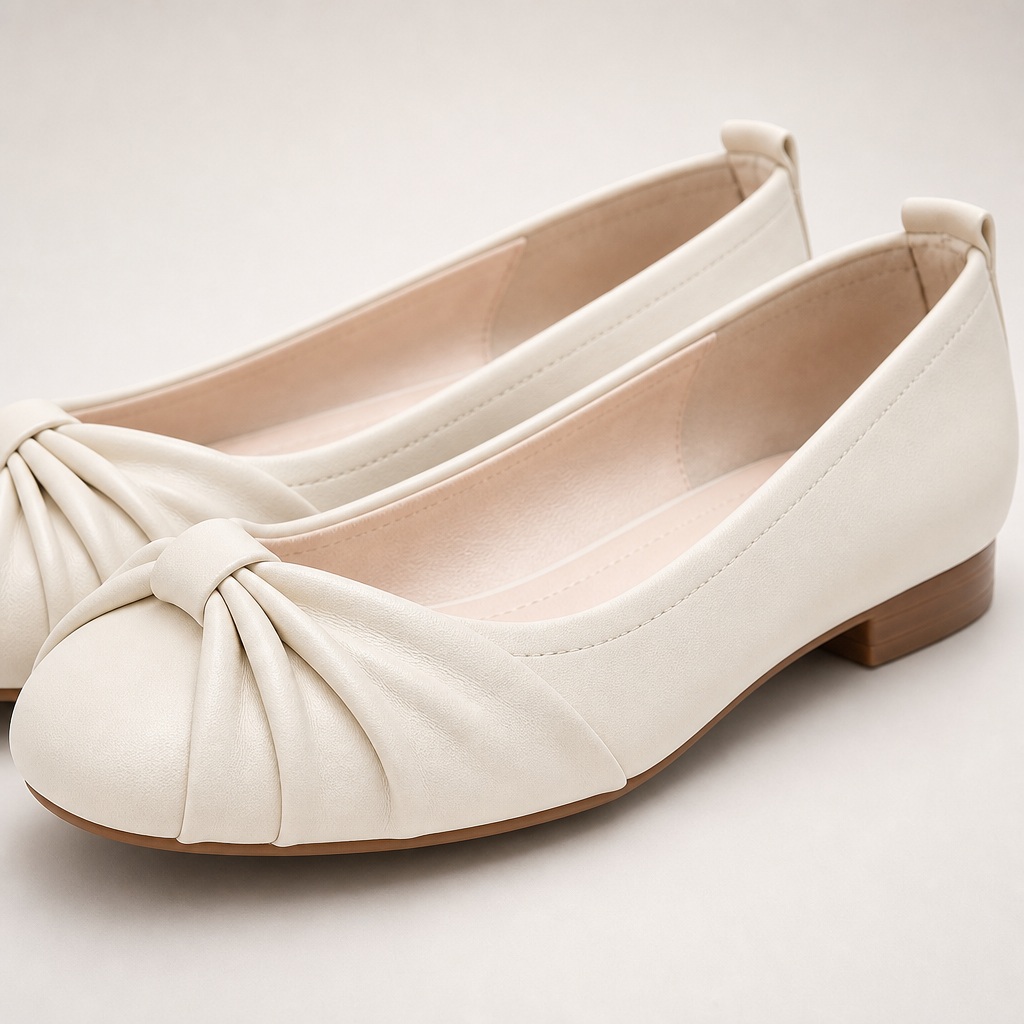 Nahansicht beigefarbener Ballerinas mit eckiger, abgerundeter Spitze, Schleifendetail, Obermaterial und niedrigem Absatz