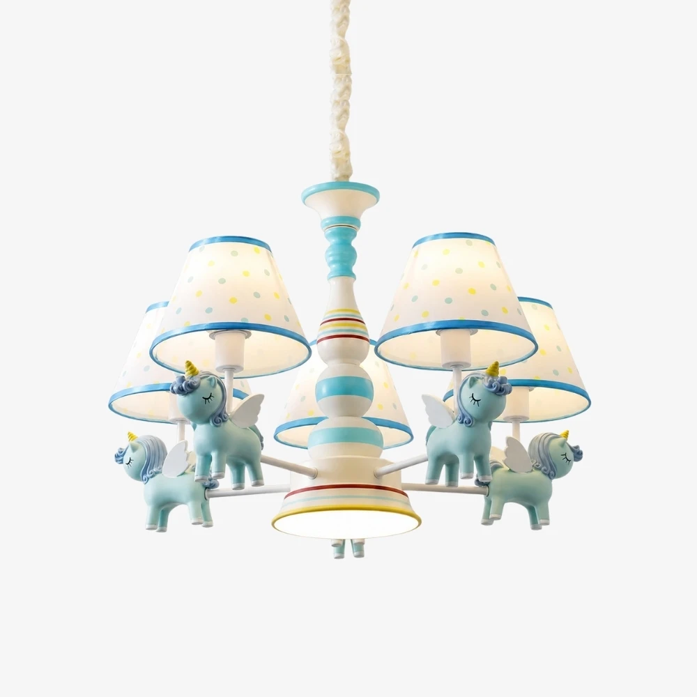 Blue kids room chandelier with five fabric shades