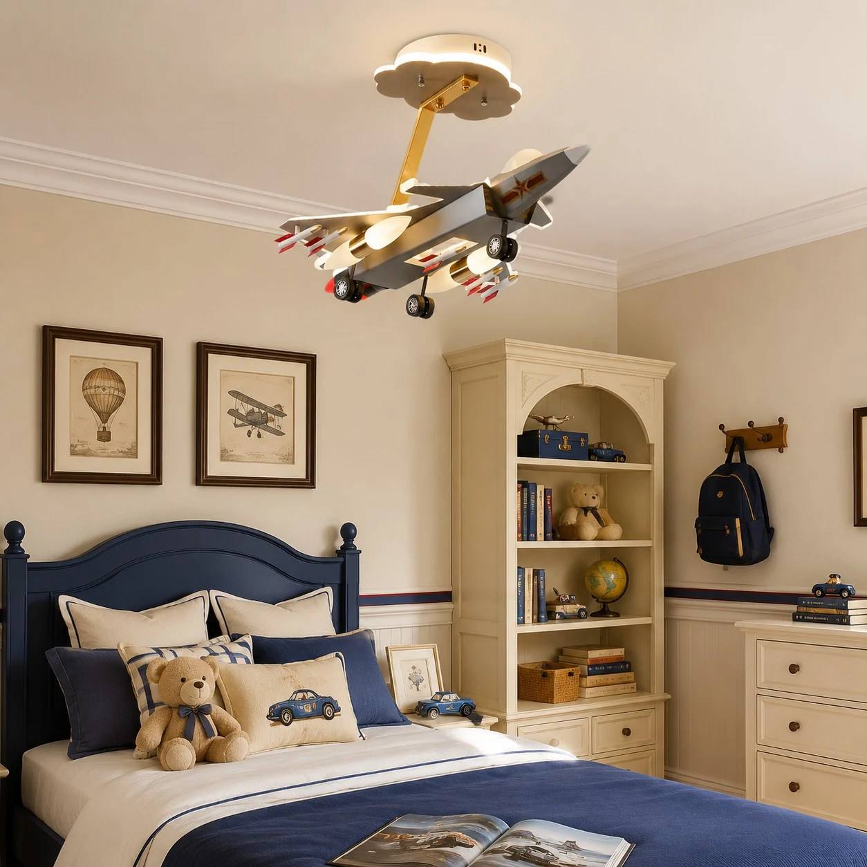 Airplane ceiling light over a blue kids bed