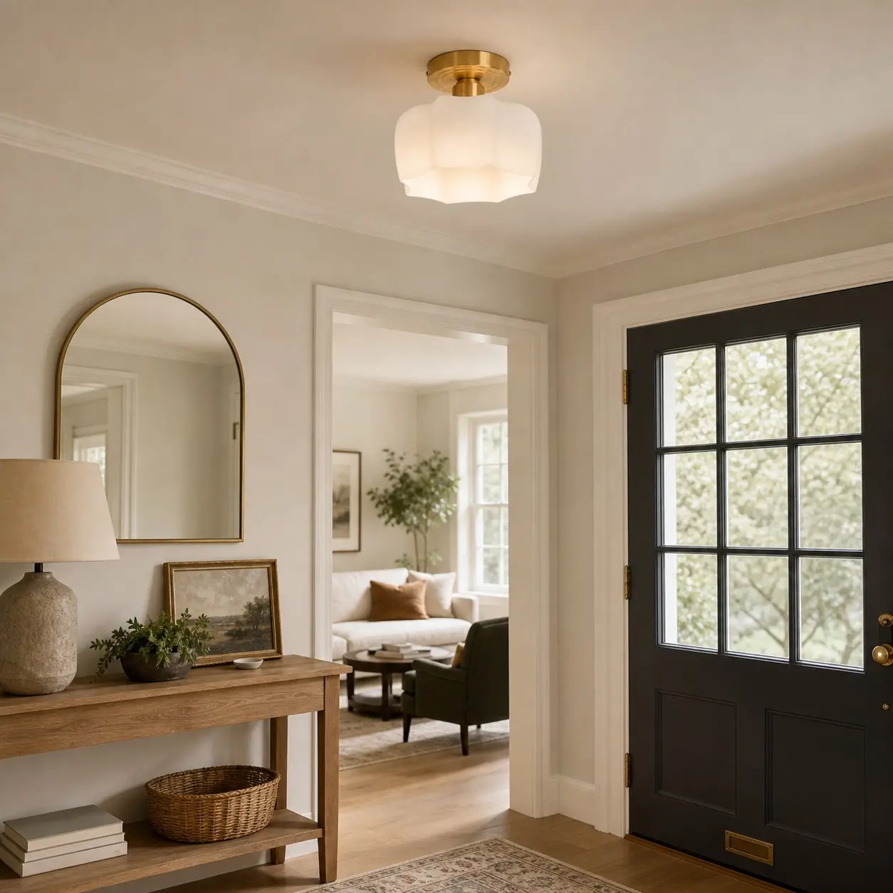 Milk glass ceiling light in a contemporary setting